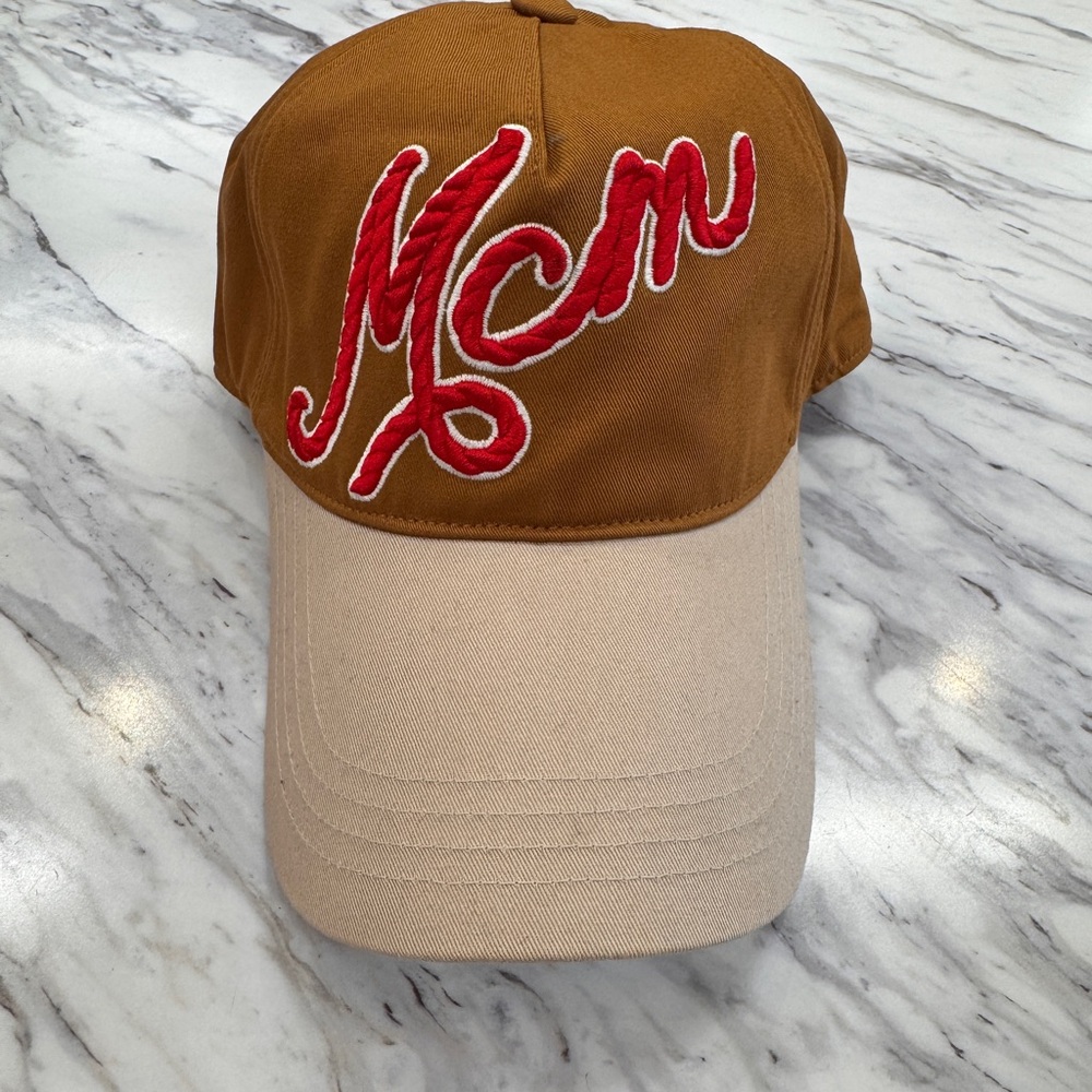 MCM Two-Tone Brown & Beige Baseball Cap with Red Logo